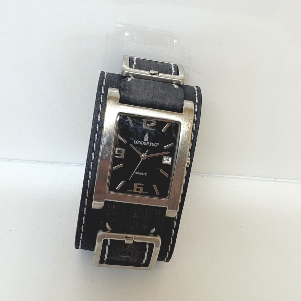 London Fog Men Black Dark Gray Leather Wide Cuff Watch Rectangular Date Quartz